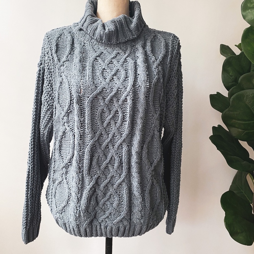 Last Chance! 1 left- Cozy Cable Knit Sweater - Blue Stone - Picture 2 of 7